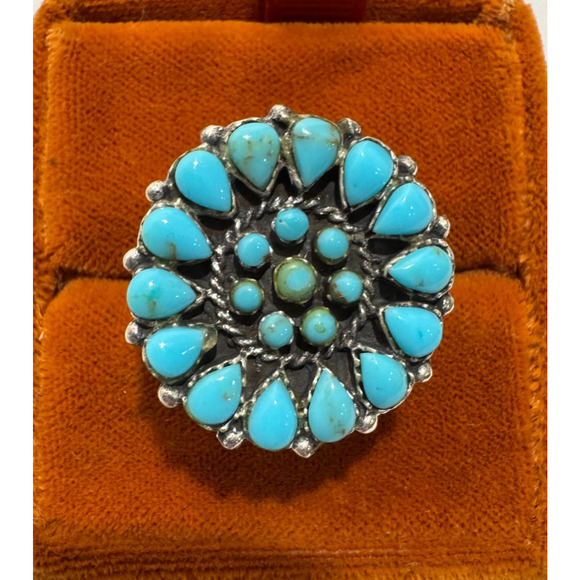 Womens Turquoise Ring 925 Sleeping Beauty Zuni Cluster Sterling Silver Sz 7.5 - Picture 2 of 5